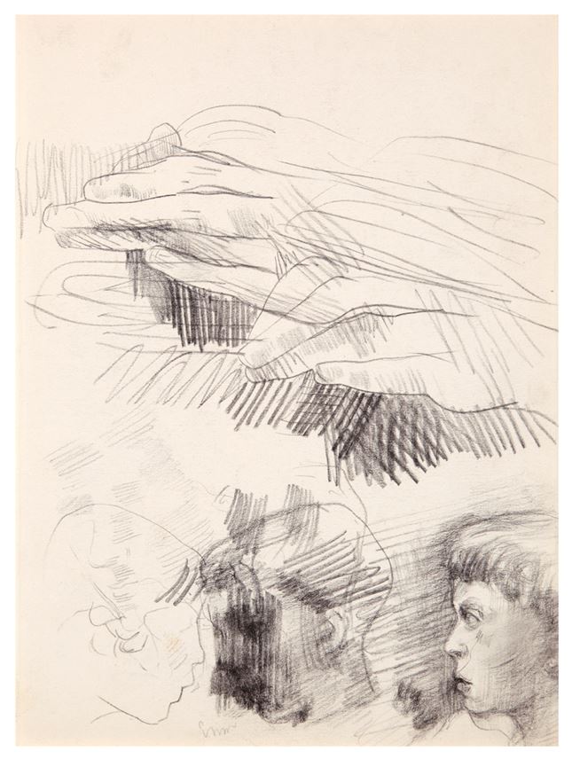 James Ensor - Studieblad met handen en drie hoofden in profiel | MasterArt